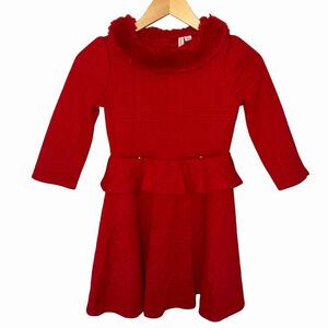 Janie & Jack Holiday Red Faux Fur Collared Jacquard Peplum DropWaist Dress Sz 10